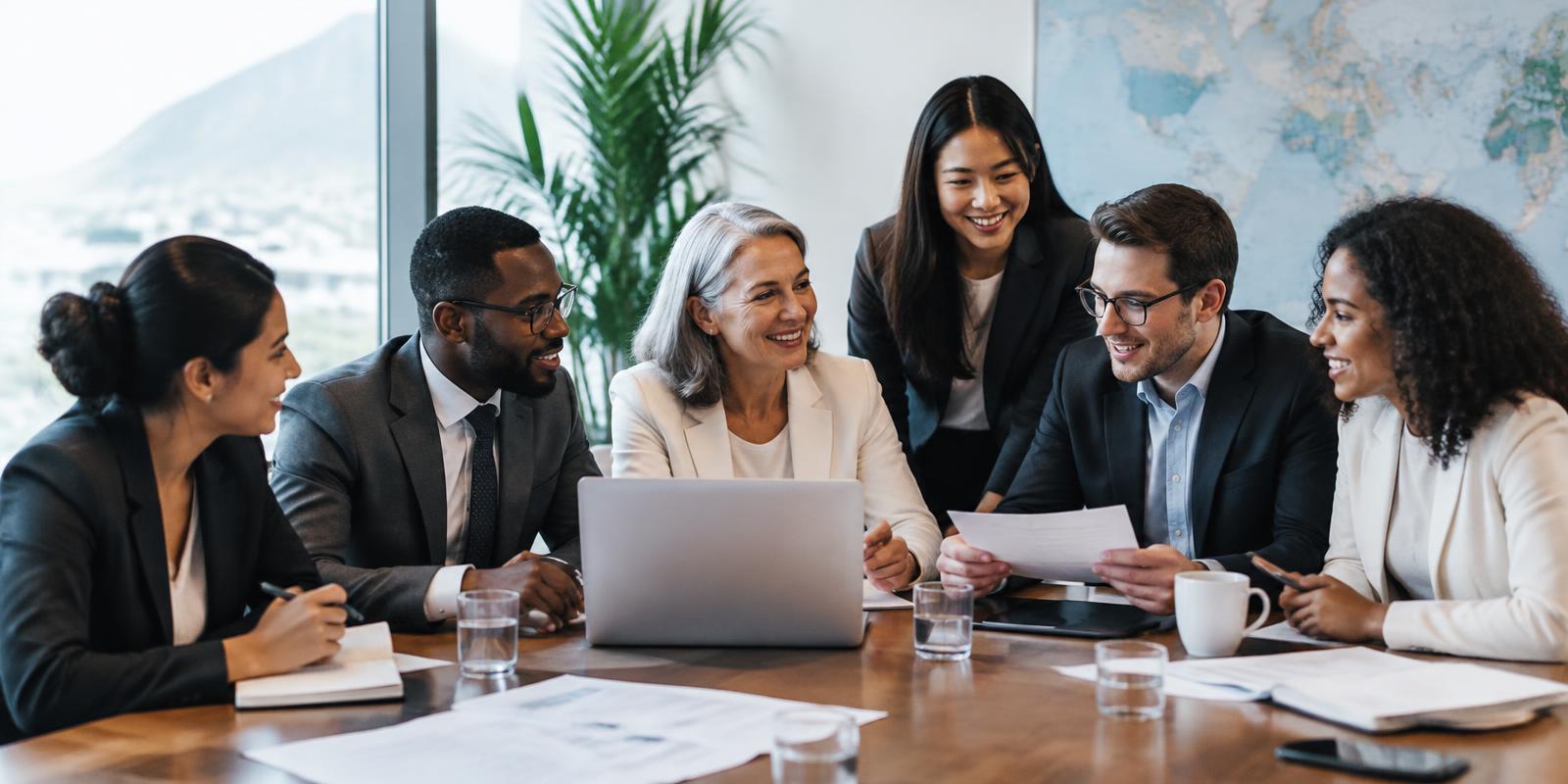 Grupo diverso de profesionales colaborando alrededor de una mesa en una reunión de trabajo
