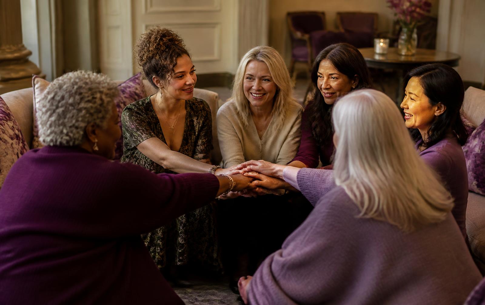 Grupo de mujeres diversas compartiendo y apoyándose en un encuentro de MEI
