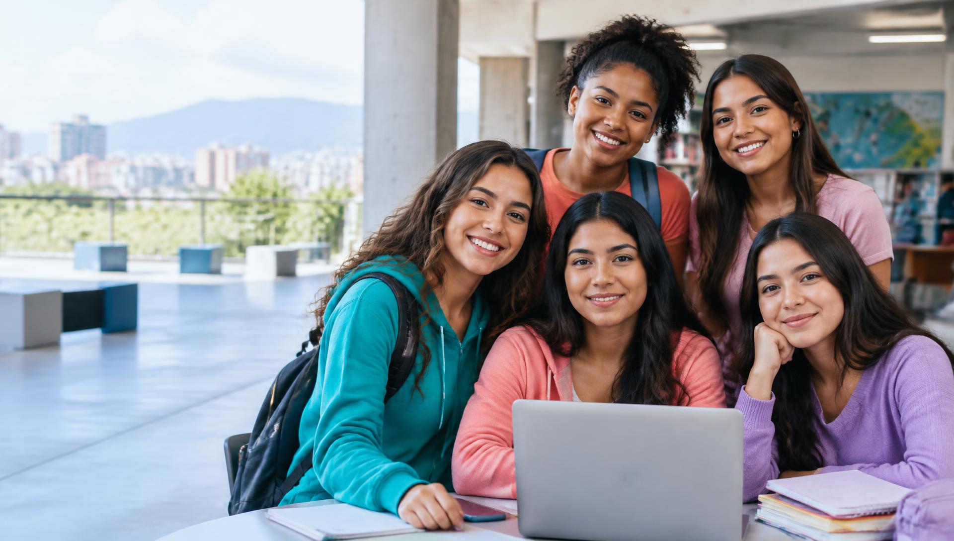 Grupo diverso de adolescentes y mujeres jóvenes latinas aprendiendo juntas